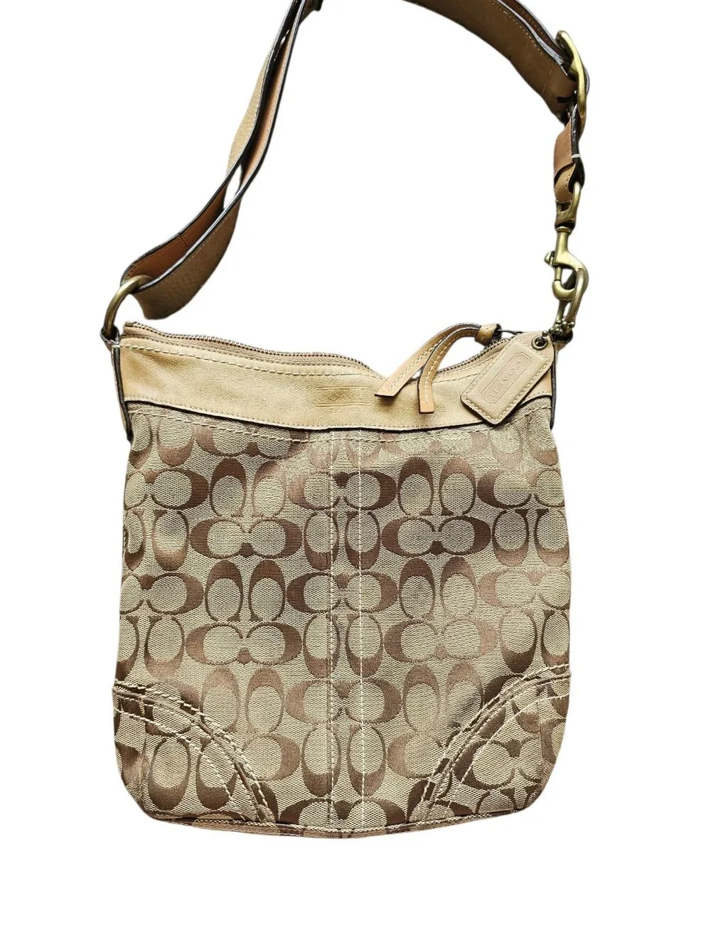 Y2k Coach Signature 10402 Crossbody Purse Shoulder Bag with Leather Trim Brown